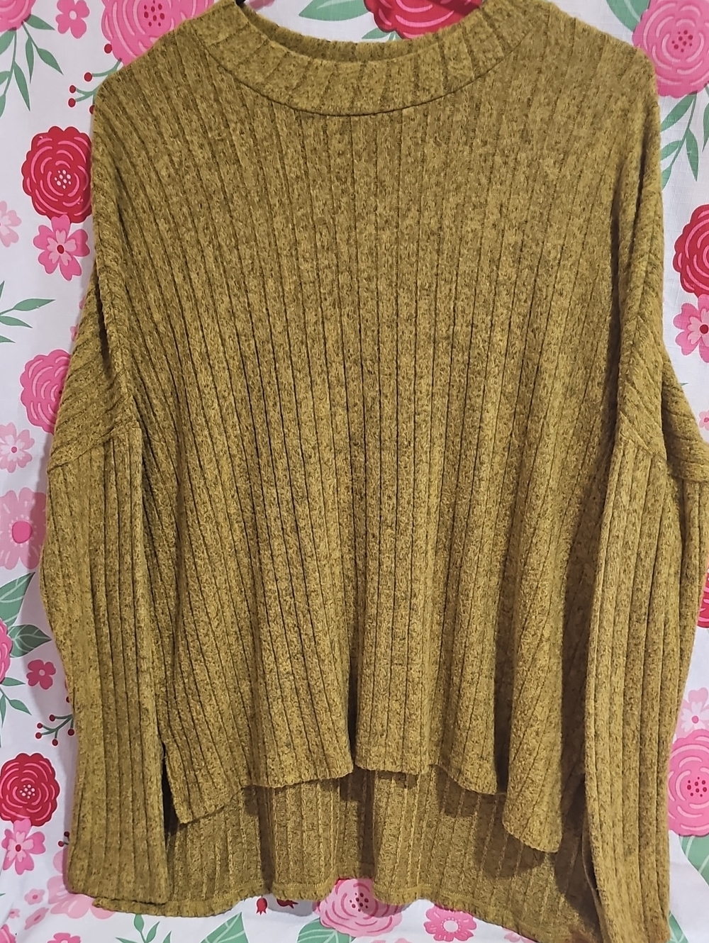 Heart Hips High Low Mustard Ribbed Crewneck Sweater